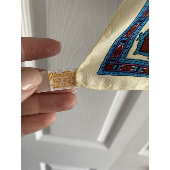 Vintage Glentex Blue Geometric Silk Blend Scarf Hand Rolled in Japan Old‎ Money - Picture 3 of 6